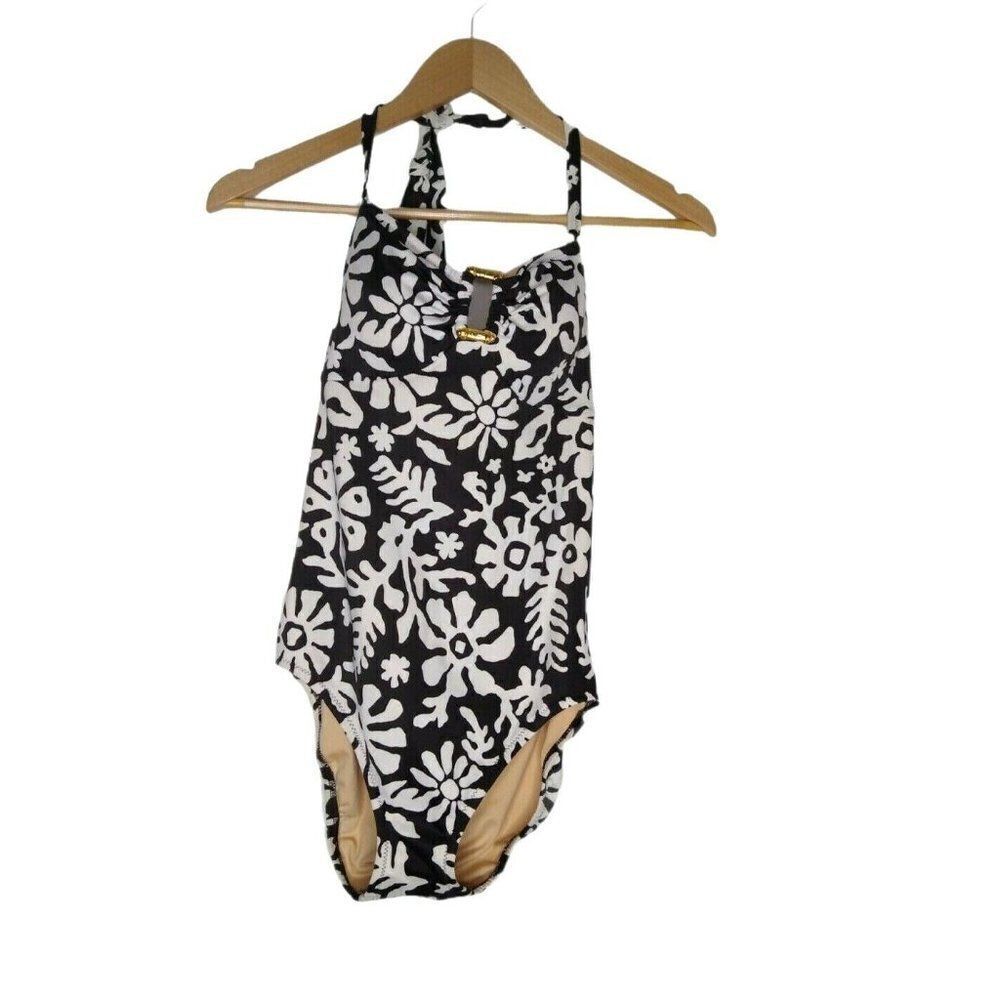 Lands End‎ Swimsuit One Peice Floral Built in Bra Size 10 Black Slimming